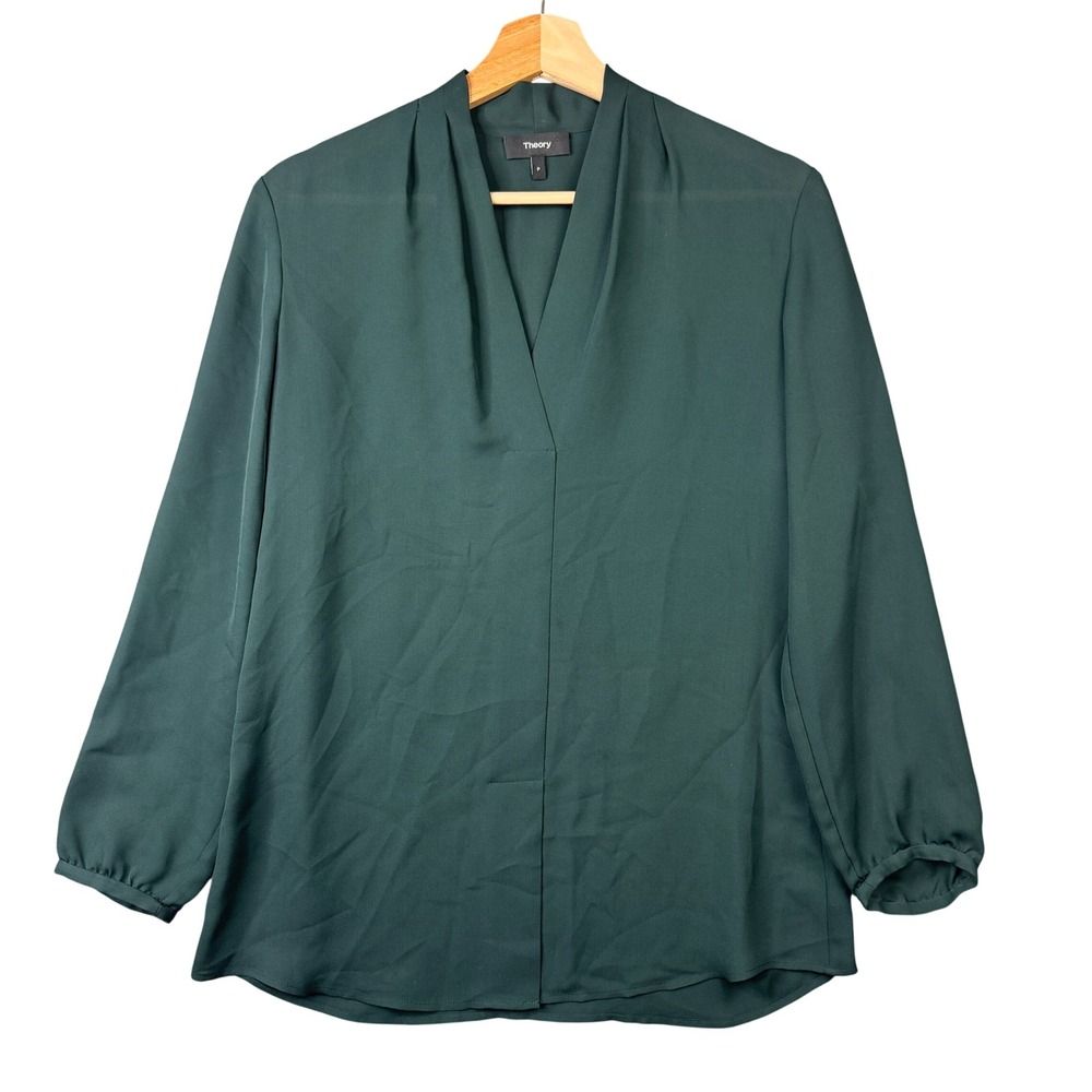 Theory Helona-Double GGT Dark Green 100% Silk V-Neck Blouse Size P Long Sleeve